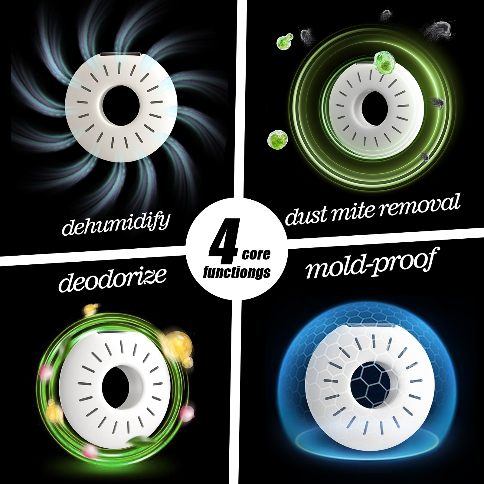 4-Pack Functional Hanger Replacement Rings | Individual Dehumidifying, Anti-Mold, Anti-Mite & Aromatherapy Deodorizing Rings